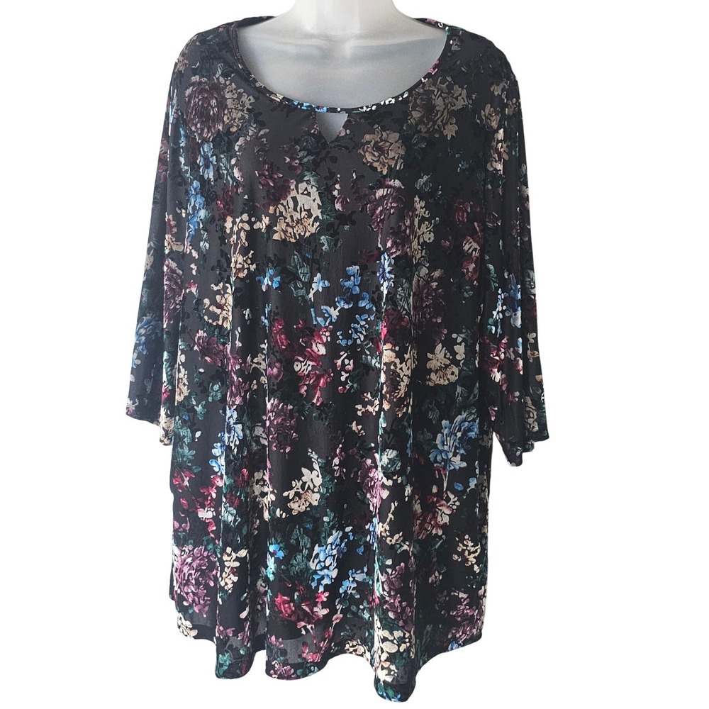 Catherines Black Floral Velvet Burnout Romantic Stretch Tunic Top 1X Whimsigoth